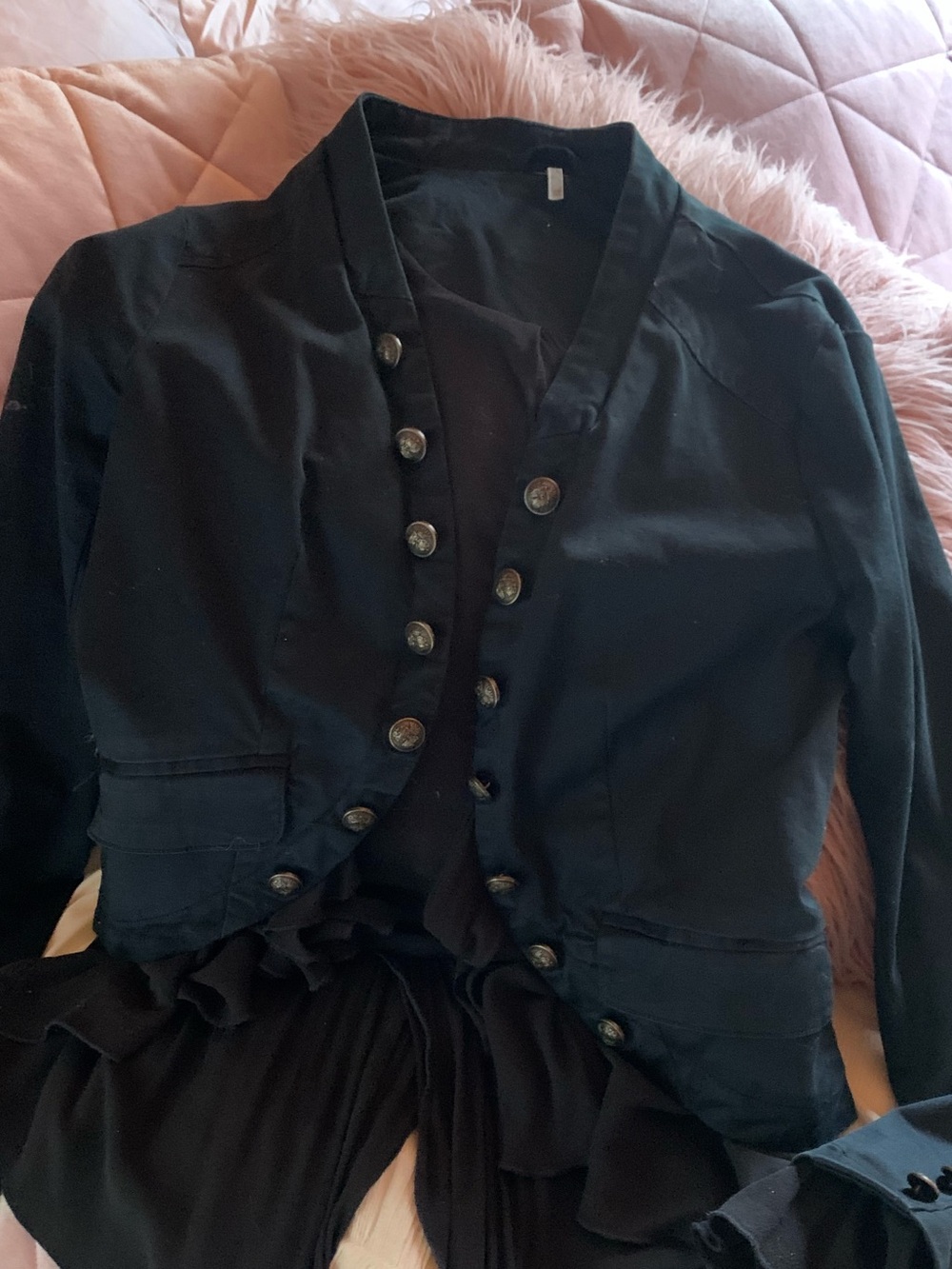 Gorgeous, vintage Black Ruffled Military-Style Jacket by: Free People